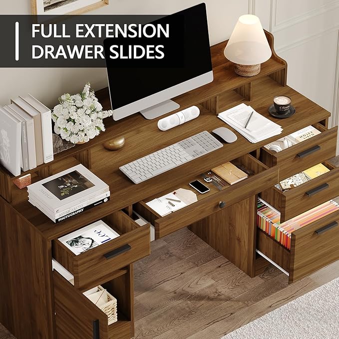 Executive Desk with File Drawers,Computer Desk with Storage,58 Inch Home Office Desk with Storage Cabinet for Bedroom, Rustic Brown