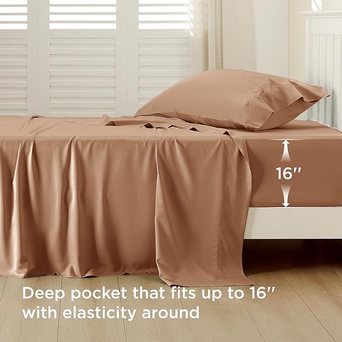 Bedsure Cooling Sheets Twin XL, Rayon Derived from Bamboo, Breathable & Soft Twin XL Sheet Sets, Deep Pocket Up to 16 Inches, Hotel Luxury Silky Dorm Bedding for Hot Sleepers, Khaki