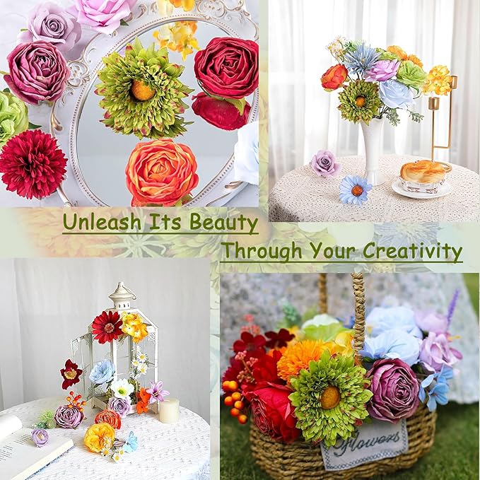 Artificial Flower Combo Set, 37PCS Rainbow Silk Flower Faux Bouquet Set with Stems for DIY Bridal Wedding, Colorful Fake Flowers for Flower Arrangement Party and Home Decor