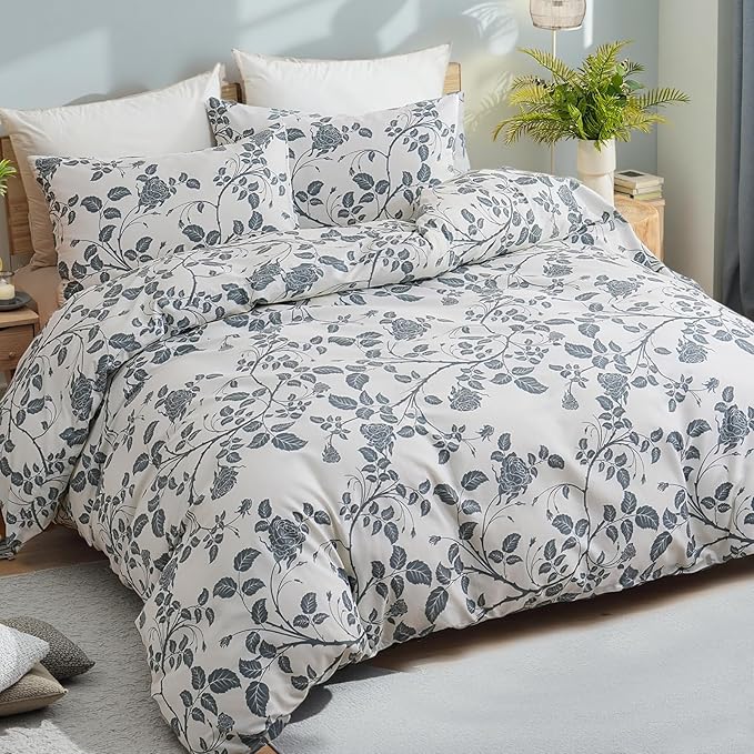 Bedding_Dreamer Comforter Set Queen Size 100% Cotton Comforter Botanical Leaf Comforters Blue Floral Bedding Sets Soft Breathable 3 Pcs