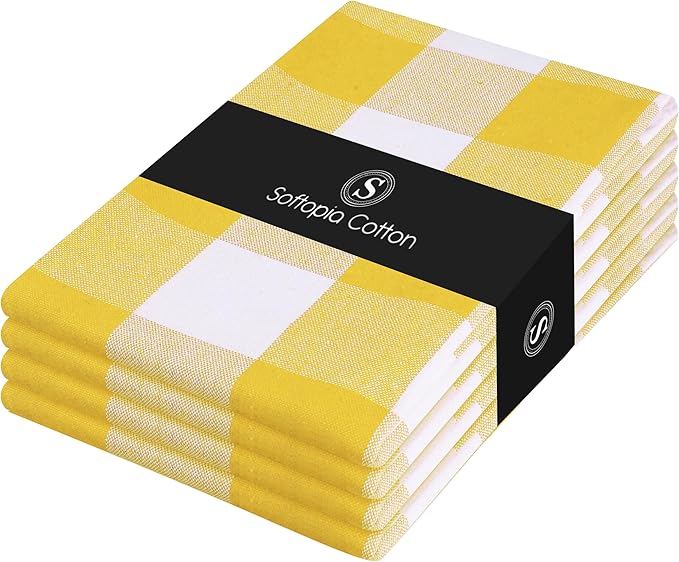 Buffalo Check Kitchen Towels, 16x26 Inches, 4 Pack Plaid Tea Towels, Reusable Cotton Dish Cloths, Quick Drying, Absorbent Towel for Cooking, Drying Dishes, Lemon Yellow and White