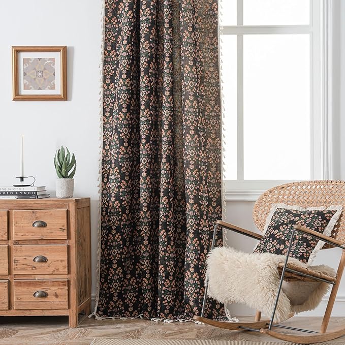 ENJOYBRIDAL Floral 63 Inch Curtains 2 Panel Set Boho Jacquard Drapes Short Black Living Room Semi Sheer Window Curtains Cottagecore Farmhouse Bedroom Chic Decor Rod Pocket Tassel Window Treatments