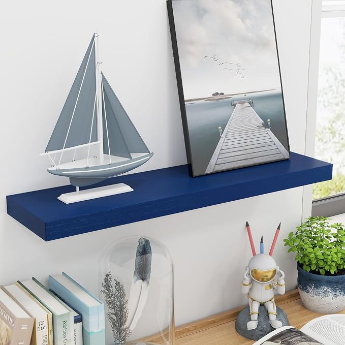 fuqing 30 Inch Floating Shelves, Dark Blue Floating Shelves for Wall Set of 2, 30'' Long Wooden Wall Shelves for Living Room Bedroom Kids' Room Boys' Room - Dark Blue