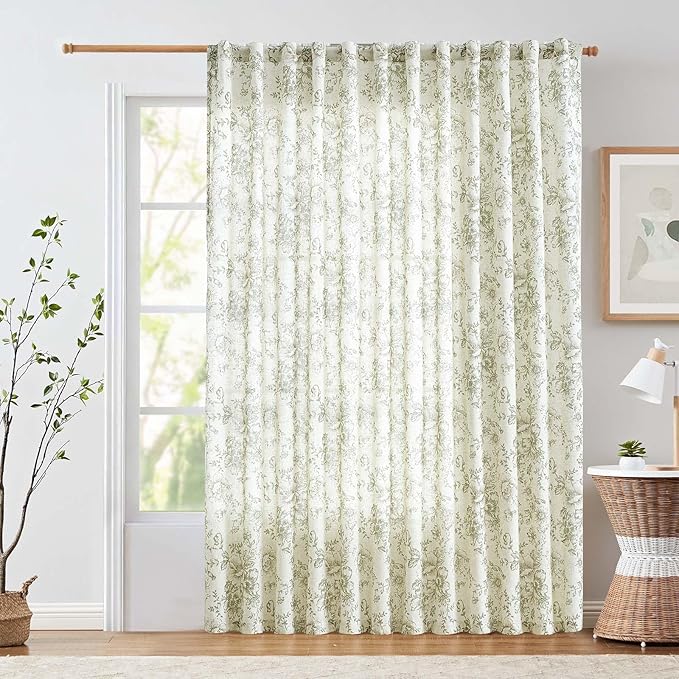 jinachan Linen Floral Curtains 100 Inch Extra Wide for Patio Sliding Glass Door Room Divider Curtain for Living Room 90 Inch Length Farmhouse Peony Christmas Green Printed Curtain Set 1 Panel