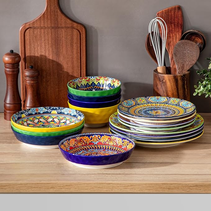 vancasso 16 Pieces Plates and Bowls Set, Bohemian Style Dinnerware Sets Service for 4, Porcelain Boho Dishes Set for Kitchen, Housewaring Gift, Dishwasher and Microwave Safe, Series KRVI
