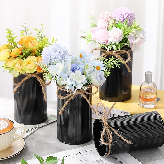 Domensi 5.91 in High Farmhouse Vase Decor Galvanized Metal Flower Vase with Twine Bow Vintage Rustic Tin Flower Buckets for Artificial Floral Table Container DIY(Black,8 Pcs)