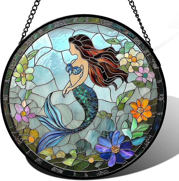 Stained Glass Window Hanging - Light Blue Mermaid Suncatcher for Door Terrace Garden Home Decor, Ocean Flowers Sun Catcher Birthday Gifts for Lovers Women Men Dad Mom Nana 11.8 in