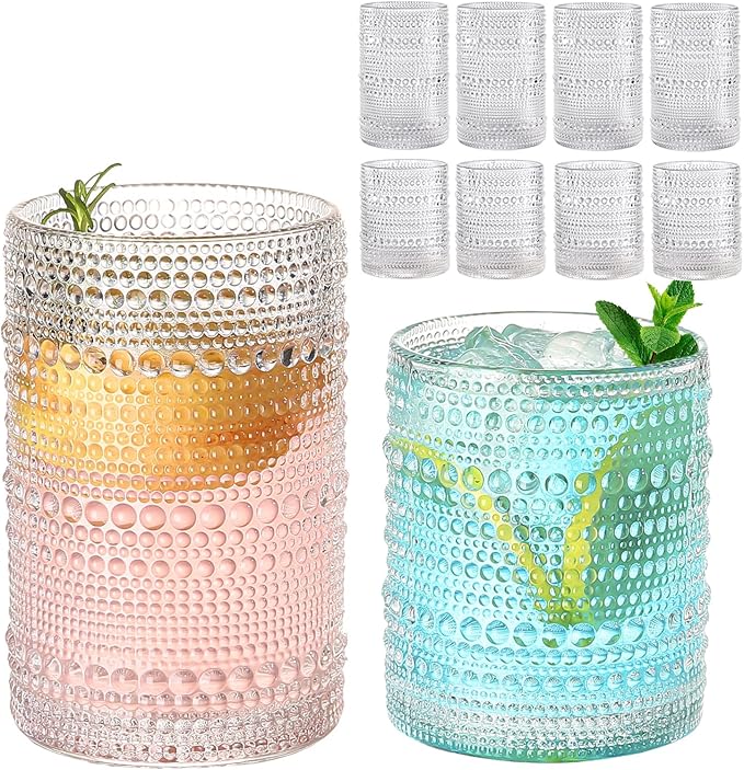 ZMOWIPDL Vintage Hobnail Drinking Glasses Set of 8,Clear 12 oz & 15oz Highball Glass Cups, Kitchen Drinkware Glassware,Embossed Water Tumbler,for Beer,Cocktail,Whiskey,Juice and Various Mixed Drinks