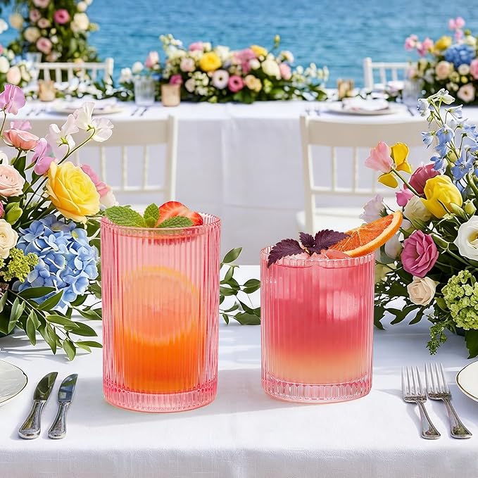 14 oz & 18 oz Ribbed Drinking Glasses Set of 12, Vintage Iced Coffee Cups Elegant Glassware, Highball Glass Cups Ridged Glass Tumbler for Cocktail, Whiskey, Beer, Water, Juice, Origami Style Pink