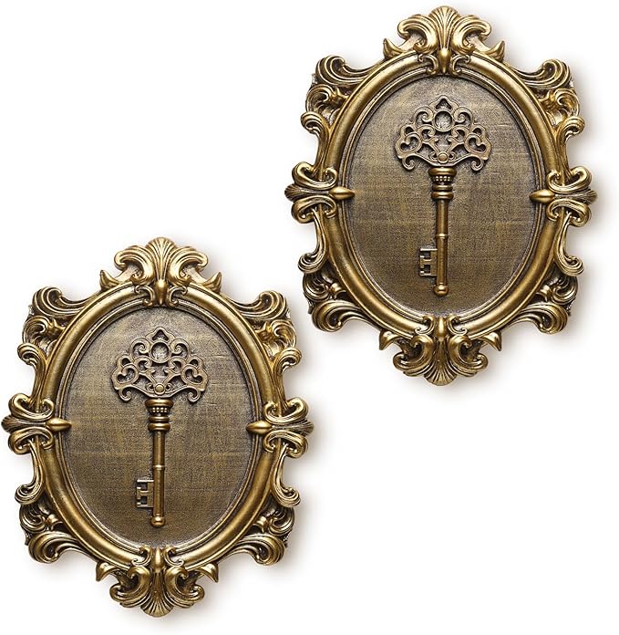 Vintage Key Wall Sculptures 2 Pack Antique Wall Decor Hallway Wall Art for Home Hand Painted Decoration with Embossed Key Design Vintage Decor for Living Room Bedroom Gallery Unique Gifts (Gold keys)