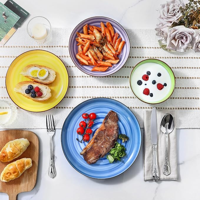 Selamica Ceramic Plates and Bowls Sets,24 Pieces Dinnerware Sets for 6,Scratch Resistant Dish Set for holiday gathering,Dishwasher & Microwave Safe, Dopamine