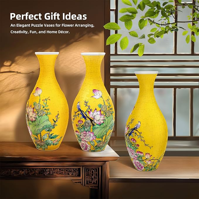 3D Puzzle Vase for Adults, 160 Curved Pieces Vase Puzzle Craft, DIY Bamboo Pattern Flower Vase with Water Cup, Creative 3D Jigsaw Puzzle Home Decoration (Yellow Lotus)