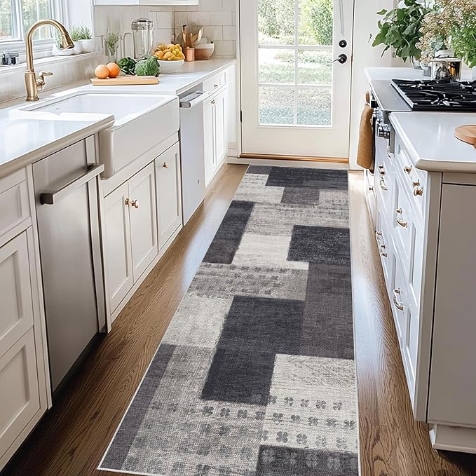 Modern Geometric Patchwork Indoor Runner Rug for Living Room, Charcoal 2.7'x 8' Rug Rockwood Collection Hardwood Floors Decor for Bedroom, Grey Throw Carpet for Office Entryway Dining Room