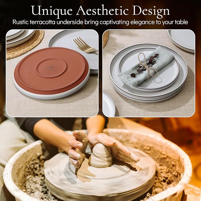 E-far Stoneware Dinnerware Sets for 8, 24 Pieces Reactive Glaze Plates and Bowls Sets, Elegant Dishes with Rustic Terracotta Clay Base, Dishwasher & Microwave Safe, Scratch Resistant, Glacier White