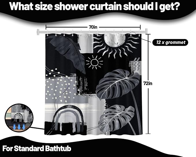 Black and Gray Mid Century Modern Shower Curtain Bohemian Abstract Dark Black and Grey Shower Curtains for Bathroom Decor Sets, Waterproof Cloth Fabric with Hooks, 70x72 Inch