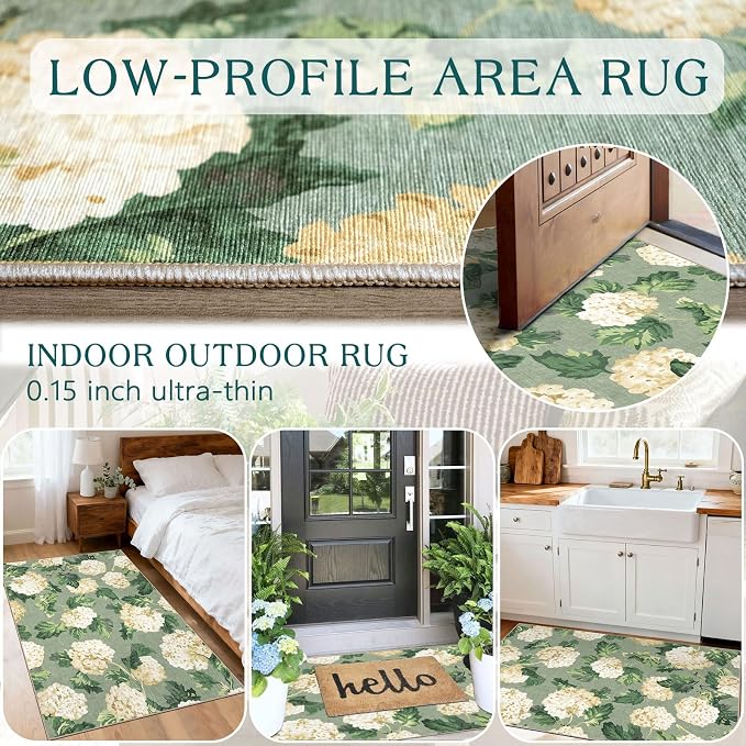 Spring Outdoor Rug - 28" x 43" Front Door Mat Indoor Outside Entrance Non-Slip Washable Outdoor Mat Sage Green Beige Flower Rug for Entryway Kitchen Bedroom Layered Doormat for Front Porch