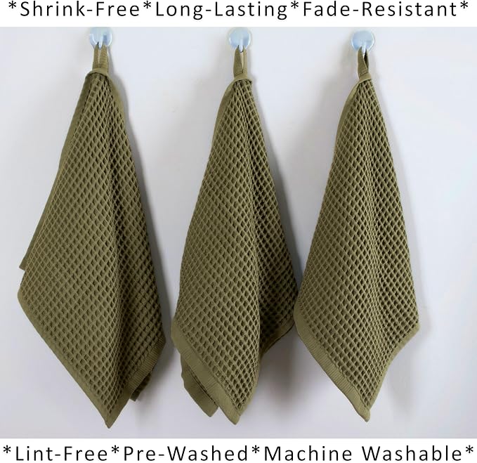 PÜSKÜL Natural 100% Turkish Cotton Waffle Kitchen Towels Set of 3 | Oeko-Tex, Premium Waffle Hand Towels for Bathroom | Soft Absorbent Quick-Dry Lint-Free Dish Towel Large 32x16 inch (3, Khaki Green)