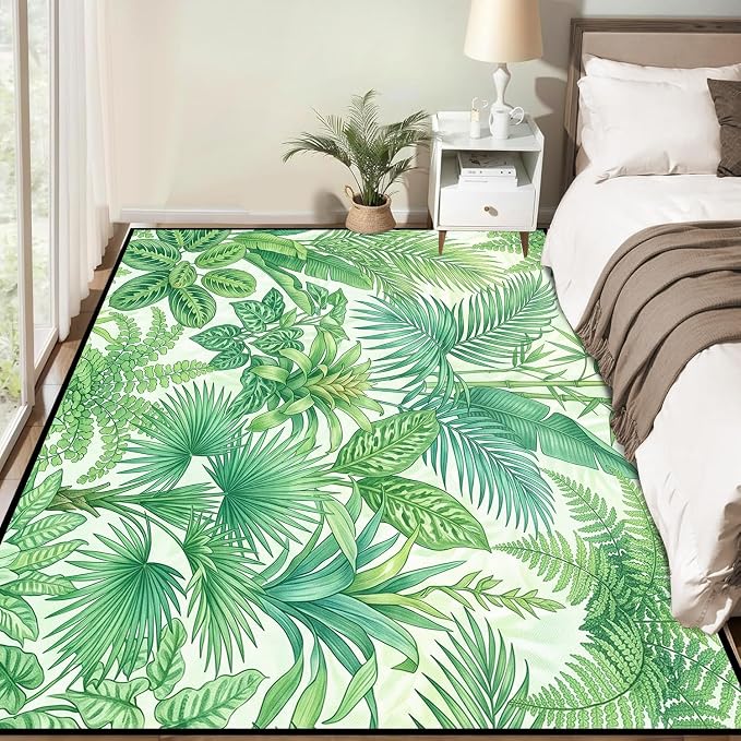 Tropical Leaves Area Rug 5'x7' Green Botanical Palm Fern Leaf Rug Non Slip Washable Indoor Floor Mat for Bedroom Living Room Nursery Kitchen Playroom Home Decor
