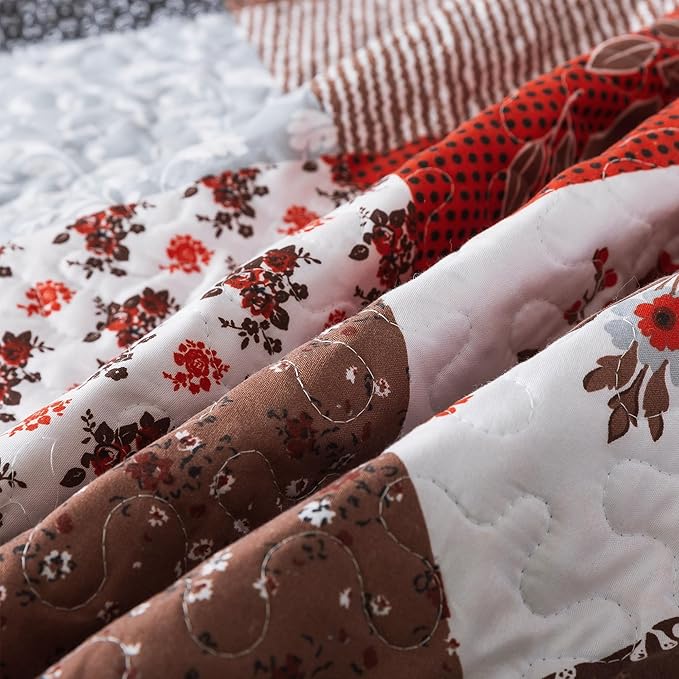 HoneiLife Quilt Set King Size - 3 Piece Microfiber Bedspread Reversible Coverlet Patchwork Bedding Set Lightweight Bedcover Floral Bedspreads All Season Quilts-Amaranth Red