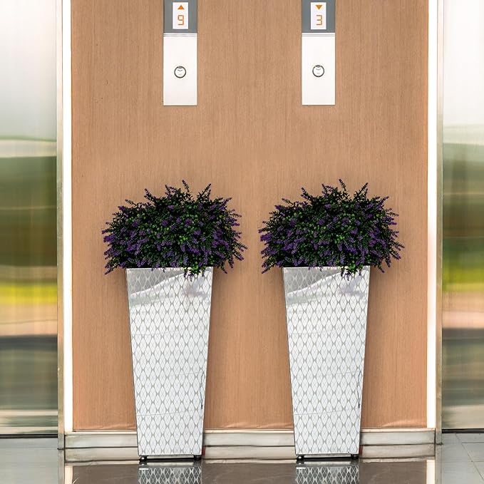 Luxury Stainless Steel Sliver Taper Tall Planter Box Set of 2 with Mirror Etching No Coating 24”H Top 11” Bottom 8”, Decrative Pot Indoor, Modern Décor for Home,Office,Tall Plants,Trees,Flowers
