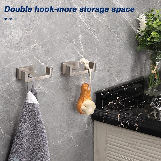 NearMoon Bath Double Towel Hook- SUS304 Stainless Steel Square Robe Towel Holder, Heavy Duty Rustproof Double Coat Hook for Bathroom Livingroom Kitchen Wall Mounted, 2 Pack (Brushed Nickel)