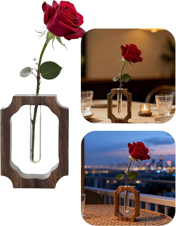 Solid Wood Frame Glass Tube Vase for Home Office Desktop Decor for Presents, Single Rose/Bud Vase, Wooden Centerpiece Vase Table for Restaurant Cafes Hotel(Small, Classic, 1 Pack)
