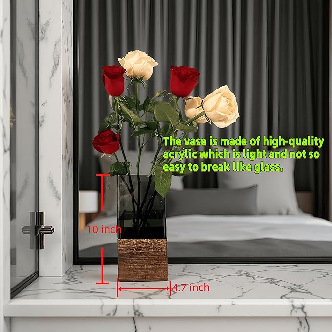 Shatterproof Acrylic Flower Vase with Wood Base–10”H*4.7''W Modern Table Centerpiece for Home Office Decor, Holds Fresh/Dried Stems, Lightweight&Stable, Present for Housewarming Christmas(Rectangular)