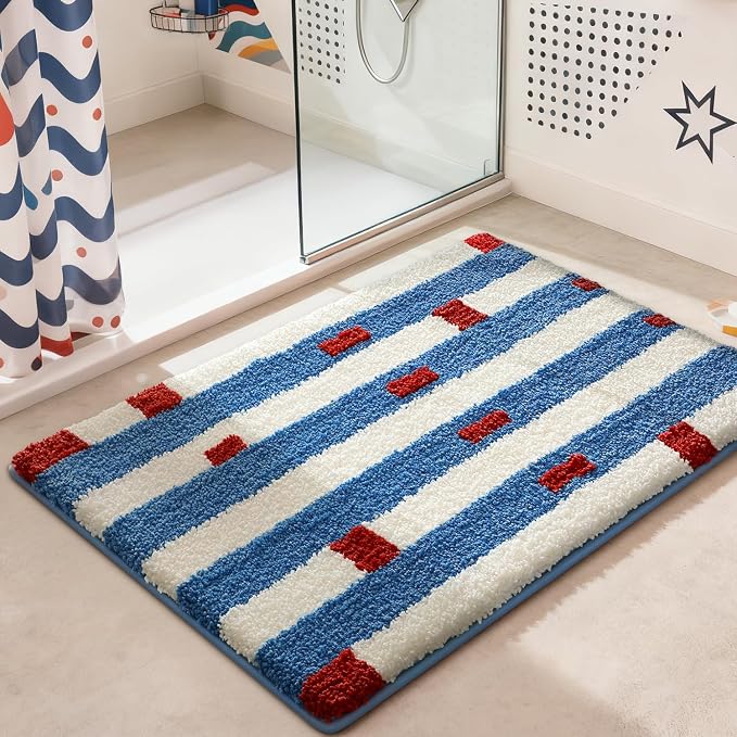 LUMI Bathroom Rugs with Blue White Stripe, Soft Absorbent Bath Mat for Modern Home Decor, Non-Slip Quick-Dry Bath Rug, Machine Washable Floor Mat for Shower and Tub, Entryway, 20"x32"