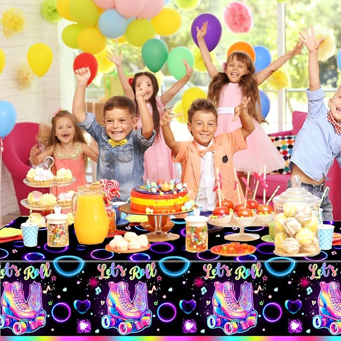 3 Pack Roller Skating Tablecloths, Roller Skating Party Decorations, Let’s Roll Tablecloth for Roller Skate Birthday Party Decorations, 54 x 108 Inch