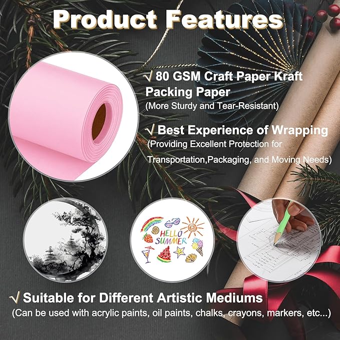 PATIKIL Wrapping Paper, 20"x1600"(130') Bulletin Board Paper Roll Kraft Paper Roll Construction 80GSM for Shipping Packing Gift Wrapping Craft Flower Bouquet Christmas, Pink