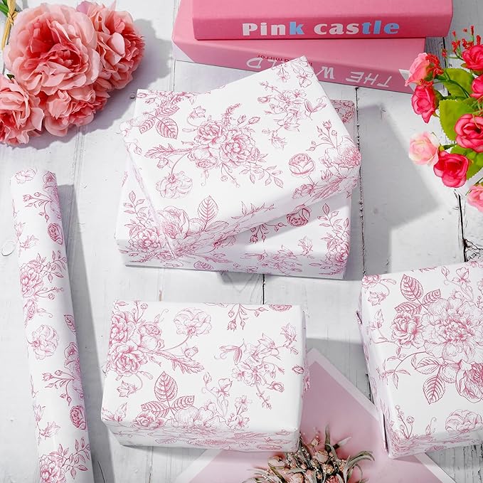 JarThenaAMCS Floral Wrapping Paper Mini Roll 17in x 32.8Ft Pink White Flowers Gift Wrap Paper for Birthday Wedding Baby Shower Party Wrapping Supplies