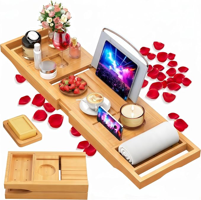 Foldable Bathtub Caddy Tray, Bamboo Bath Tub Tray Table for Tub with Wine Glass Holder Book Phone Tablet Holder with Extending Sides, Adjustable Bathroom Bathtub Free Soap Holder Gift Idea (Beige)
