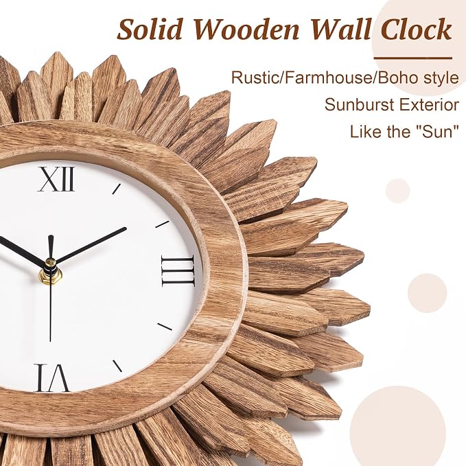 Honiway 14 Inch Wall Clocks Battery Operated Silent Non Ticking Rustic Wood Boho Sunburst Decorative Wall Clock for Living Room Kitchen Bedroom Farmhouse Office Decor (Rustic Brown-Roman Numerals)