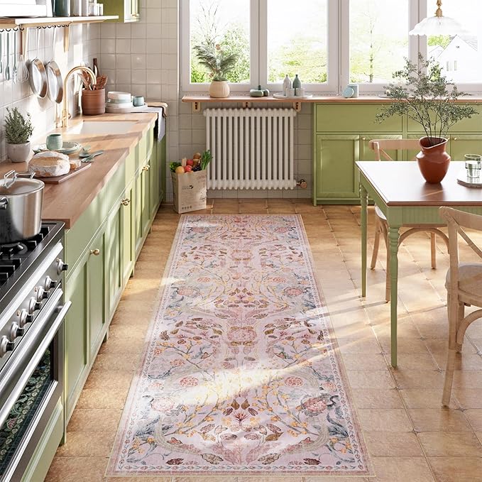 AMTOVO 2.7x8 Runner Rug for Hallway, Washable Non-Slip Long Kitchen Carpet, Floral Vintage Distressed Floor Mat for Hallways Entryway Living Room Laundry Room Bathroom Farmhouse, Pink