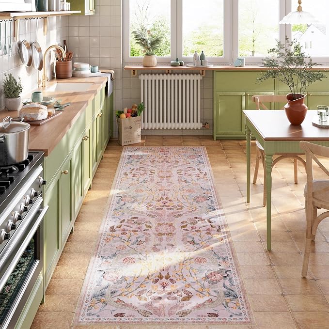 AMTOVO 2x6 Runner Rug for Hallway, Washable Non-Slip Long Kitchen Carpet, Floral Vintage Distressed Floor Mat for Hallways Entryway Living Room Laundry Room Bathroom Farmhouse, Pink