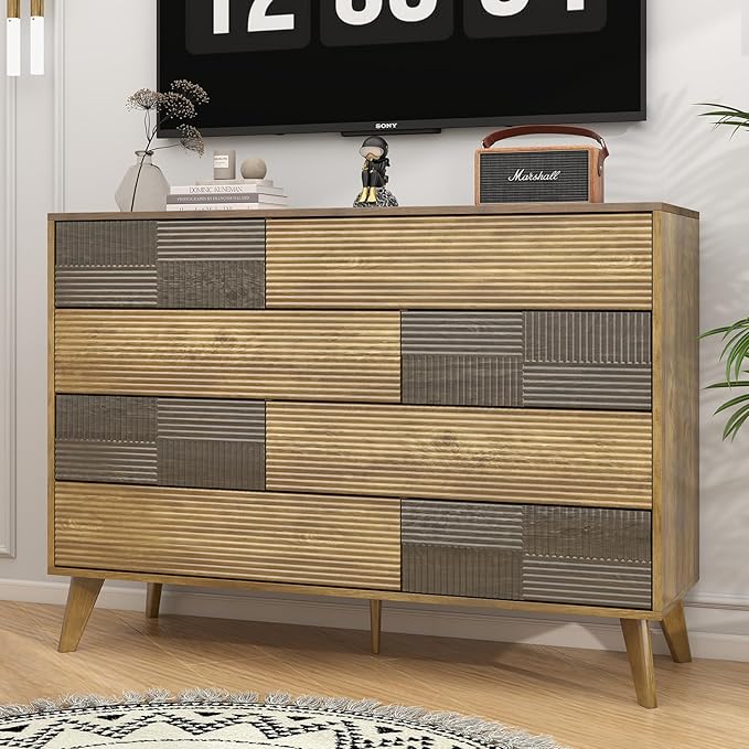 Hadulcet Wood Dressers for Bedroom 34” Tall, Large 8 Drawer Dresser TV Stand, Modern Chest of Drawers Closet Clothes Storage Organizer with Fluted Panel, No Handles Design, Dark Wood