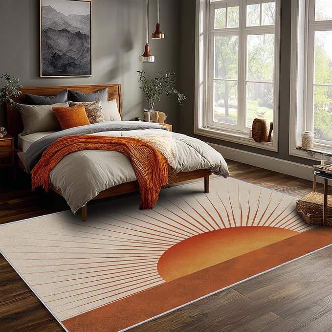 Retro Sunburst Area Rug, Mid Century Sun Pattern Carpet, Washable Non Slip Low Pile Soft Thin, Living Room Bedroom Home Decor Mat 6x9ft