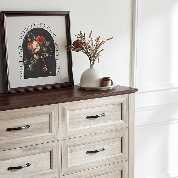 LINSY HOME Dresser for Bedroom with 6 Drawers, Wide Chest of Deep Drawers with Metal Handle, Wooden Bedroom Dresser with Storage Organizer for Closet, Living Room, Hallway, Beige