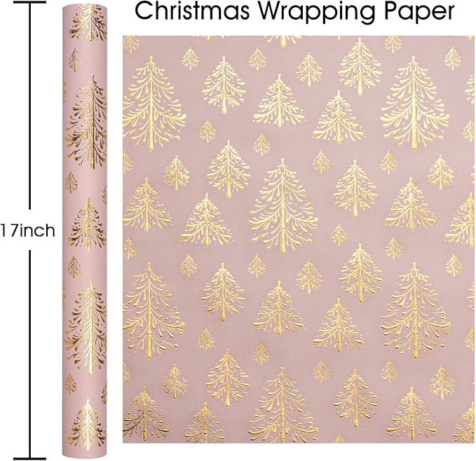 Flyhill Kraft Christmas Wrapping Paper-Pink 3D Embossed Gold Foil Christmas Pine Tree with Woodlands for Chrsitmas, Holiday, Party,Celebration (17 Inch X 32.8 Feet)