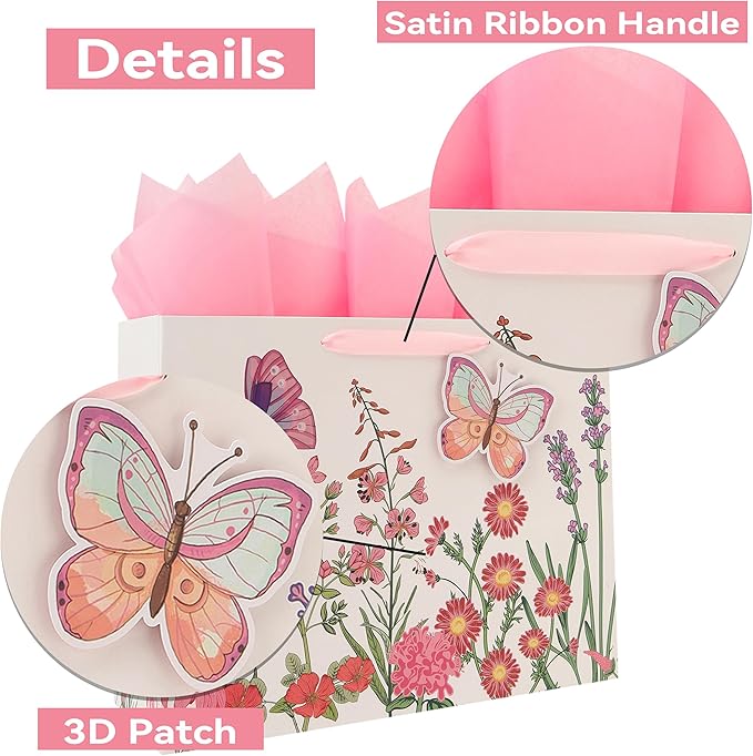 Qirrmiy 16.5” Extra Large 3D Butterfly Gift Bag Set with Handles, Greeting Card, Pink Tissue Papers and Stickers for Women Girls for Birthday, Mothers' Day, Wedding, Anniversary, Floral Design, 1 Pcs