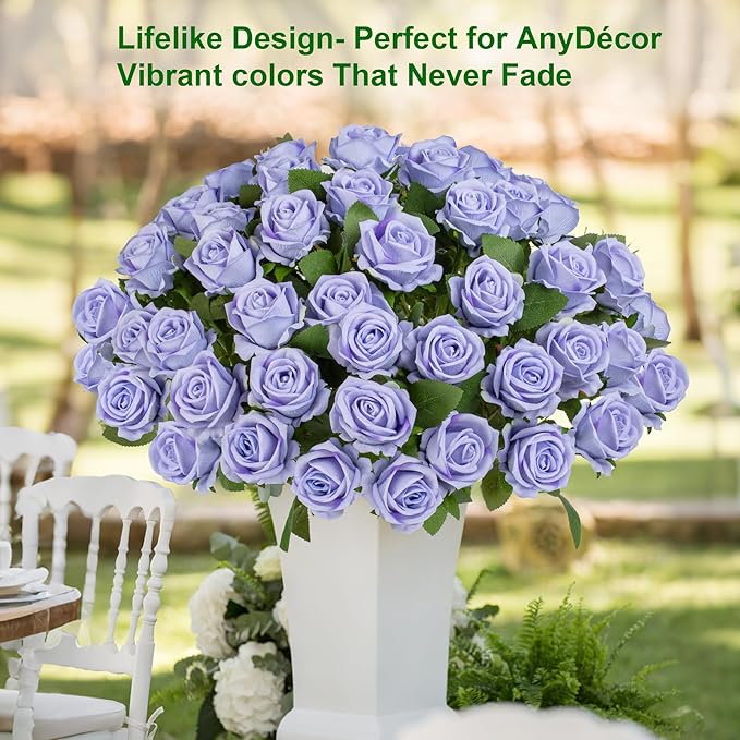 Fake Plants Roses Flowers Plastic Flowers Spring Decorations for Home Gifts for Gf Roses Artificial Flowers for Vase Fake Flowers Home Decor 19.6"(Light Purple 50PCS)