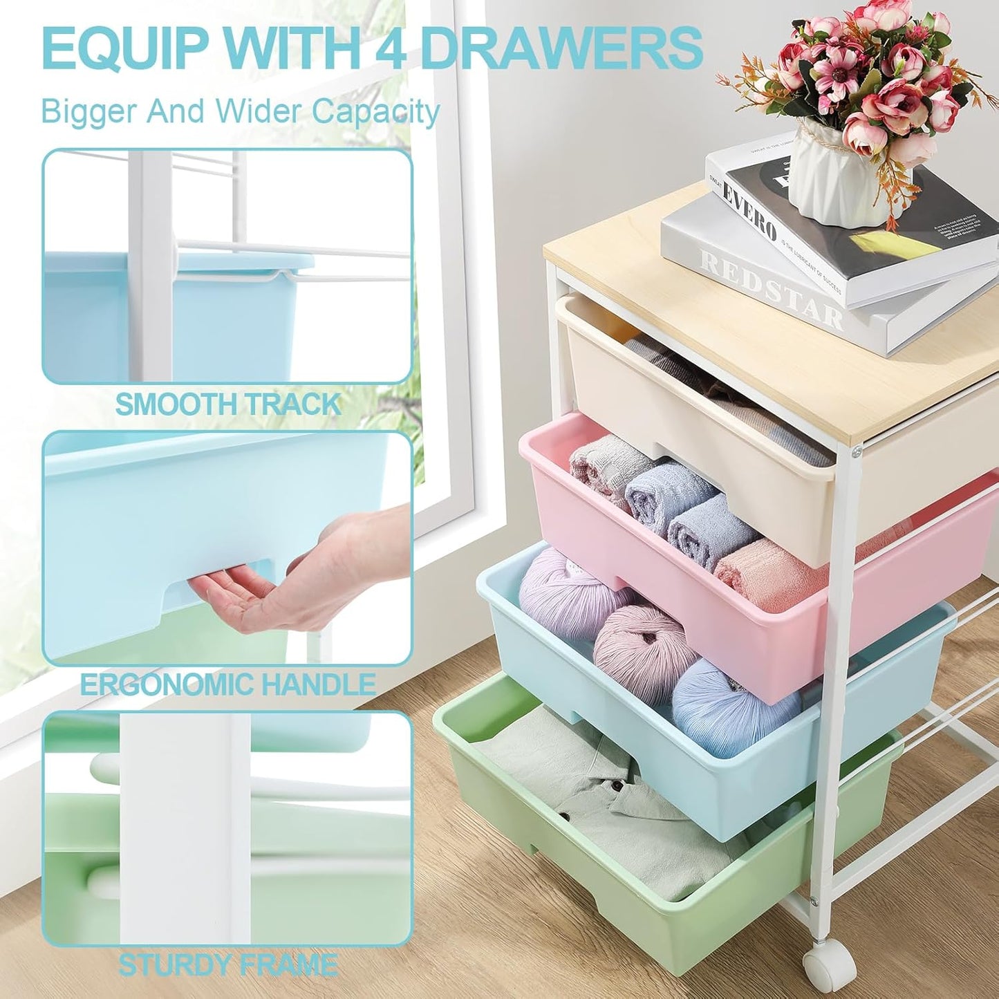 Skiennix Utility Cart - Rolling Storage Cart with 4 Drawers | Colorful Rainbow Design