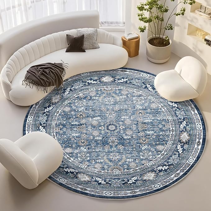 OPPODREAM Vintage Blue Round Rug 8ft, 8 ft Retro Washable Circle Rug Non Slip, Low-Pile Faux Wool Circular Carpet, Distressed Navy Floor Mat for Living Room, Bedroom, Office, Dorm, Dinning Room