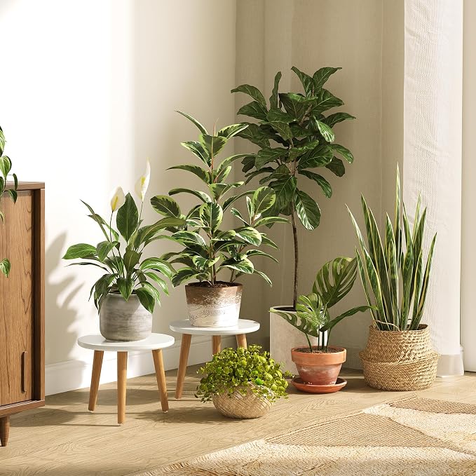 Uneedem Plant Stand Indoor, Mid Century Modern Small Round Plant Table for Flower Pots, 8.9" Tall Plant Holder Wood Stool for Living Room (2 Pack)