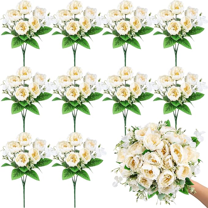Olgaa 12 Bundles Peonies Artificial Flowers Fake Peony Bouquet Faux Peonies Flowers Bulk with Stems Flower Balls for Centerpiece Table Decorations Wedding Bridal Floral Arrangement (White)