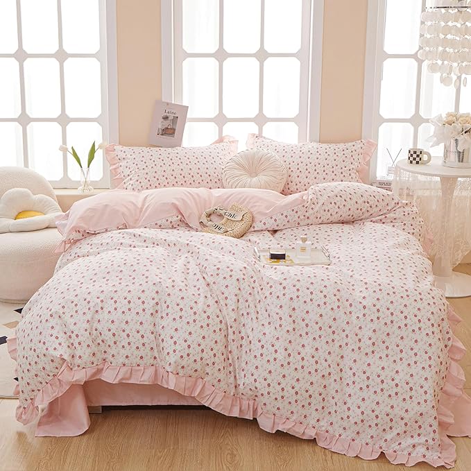 VM VOUGEMARKET Queen Comforter Set Shabby Ruffle Comforter,Bed in a Bag Pink Flower Bedding Set for All Seasons,Soft Comfy Floral Comforter with 2 Pillow Shams-90 x90