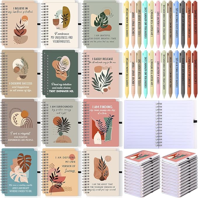 Kosiz 48 Pcs/24 Set Positive Affirmation Gifts Gratitude Spiral Notebooks with Pens Motivational Encouragement Notepads Daily Affirmations Journal for Women Valentine Galentine Gifts (Plant)