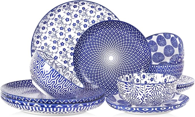 Selamica Ceramic Plates and Bowls Sets,12 Pieces Dinnerware Sets for 4,Scratch Resistant Dish Set,Dishwasher & Microwave Safe, Vintage Blue