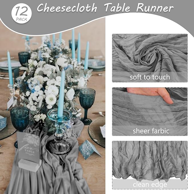 Fivenl 12 Pack Cheesecloth Table Runner 35x72 Inch Boho Gauze Table Runner Rustic Cheese Cloth Long Table Runner Romantic Table Runner for Wedding Bridal Shower Birthday Party Table Decor (Gray)