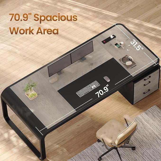 Itaar 70.9" Executive Desk, Large Computer Desk with Drawers and Lateral File Cabinet, Office Desk with Removable Shelves, Business Furniture Desk Workstation for Home Office, Gray